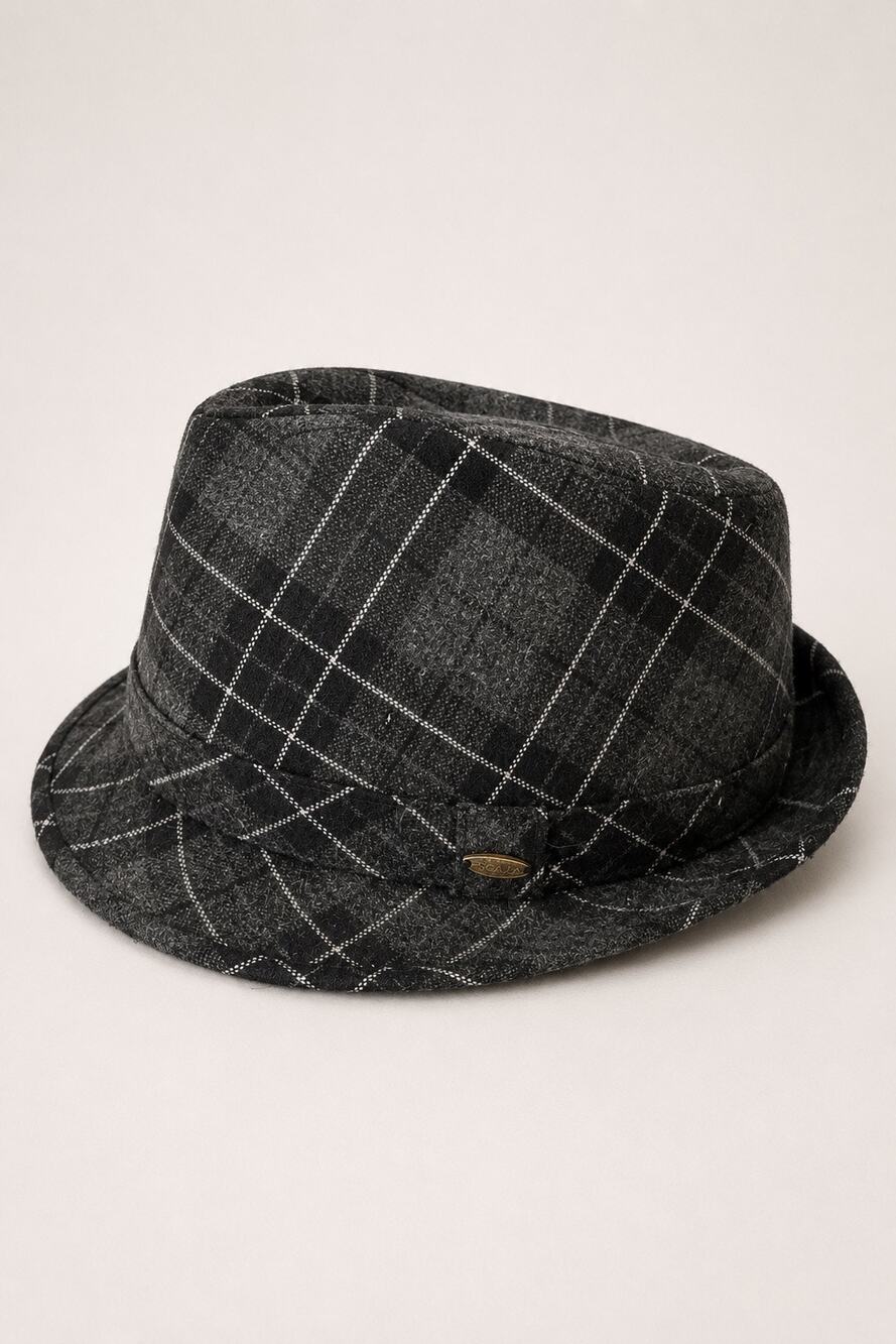 Scala Classic Black Plaid Fedora Hat | Size Large | Gray Windowpane | Unisex